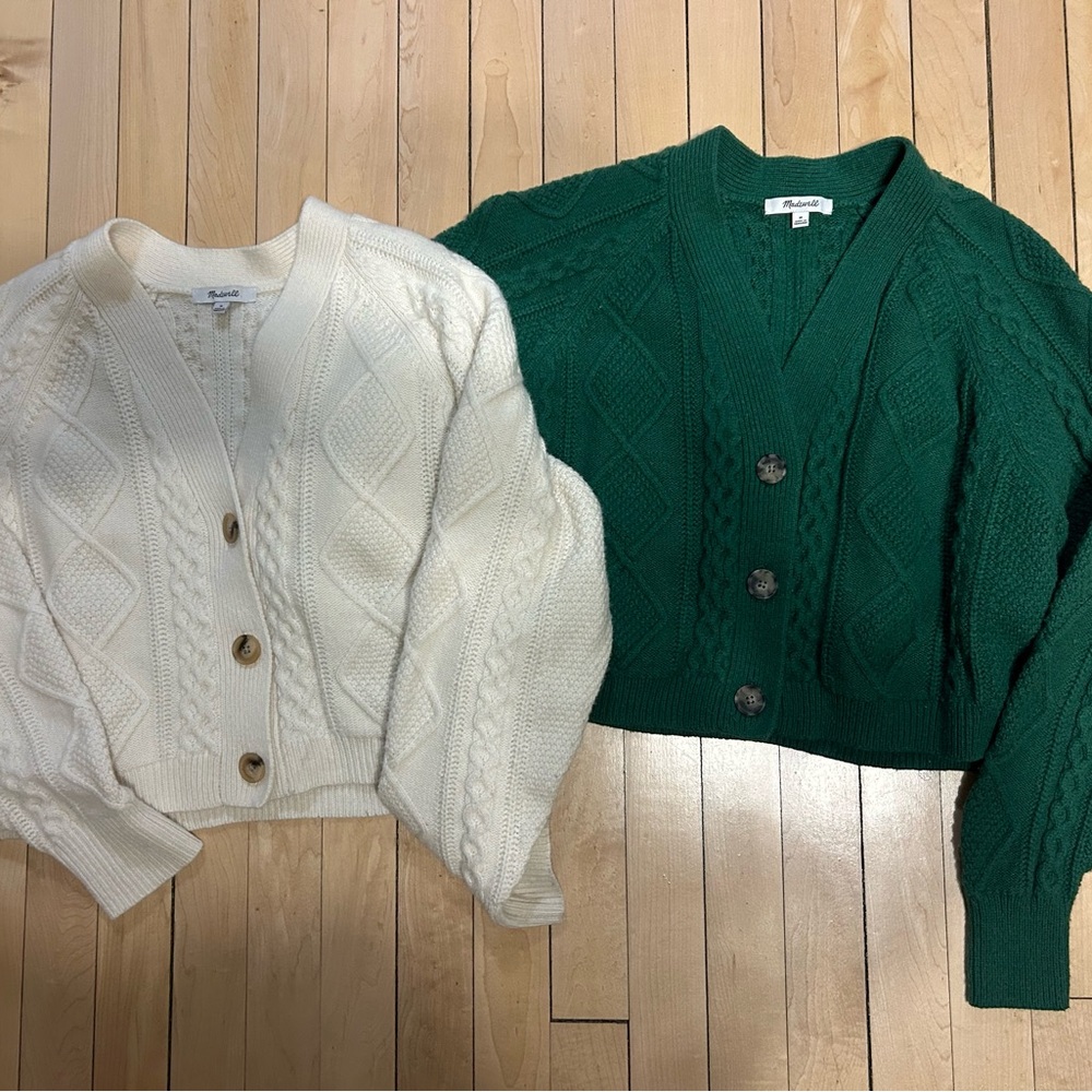 Madewell Cable Knit Cardigans - Green and Cream